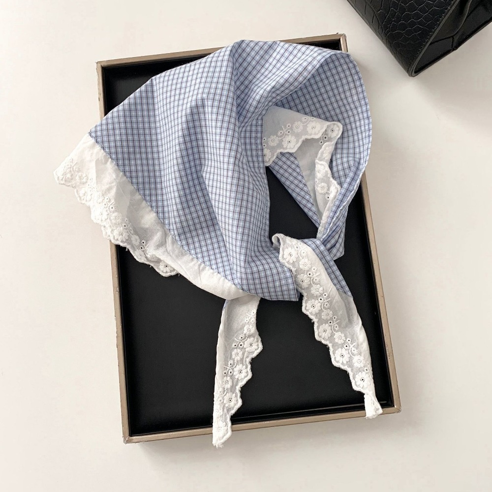 Foulard Triangle en Coton et Lin à Carreaux avec Dentelle Rembourrée pour Femme
