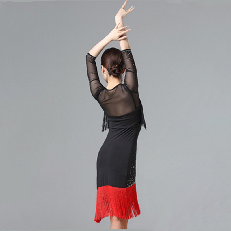 Robe de Salle de Bal en Maille Extensible pour Femme, Vêtements de brev, Costume de Samba, Diamant, Glands de ix, Latin, Broderie, 1 Pièce