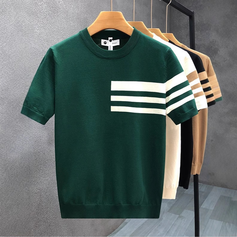 Style coréen 2025 été nouvelle mode hommes rayé contraste couleur col rond manches courtes respirant décontracté à la mode T-shirts mâle haut