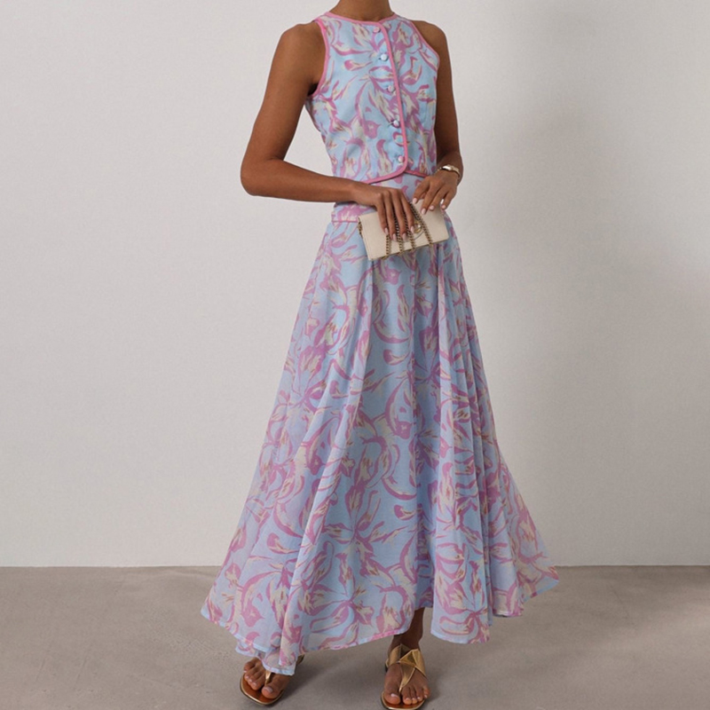 Nouvel ensemble bohème d'été sans manches, imprimé tendance, élégant pour les fêtes, ensemble pour femmes, haut à col rond boutonné et jupe longue