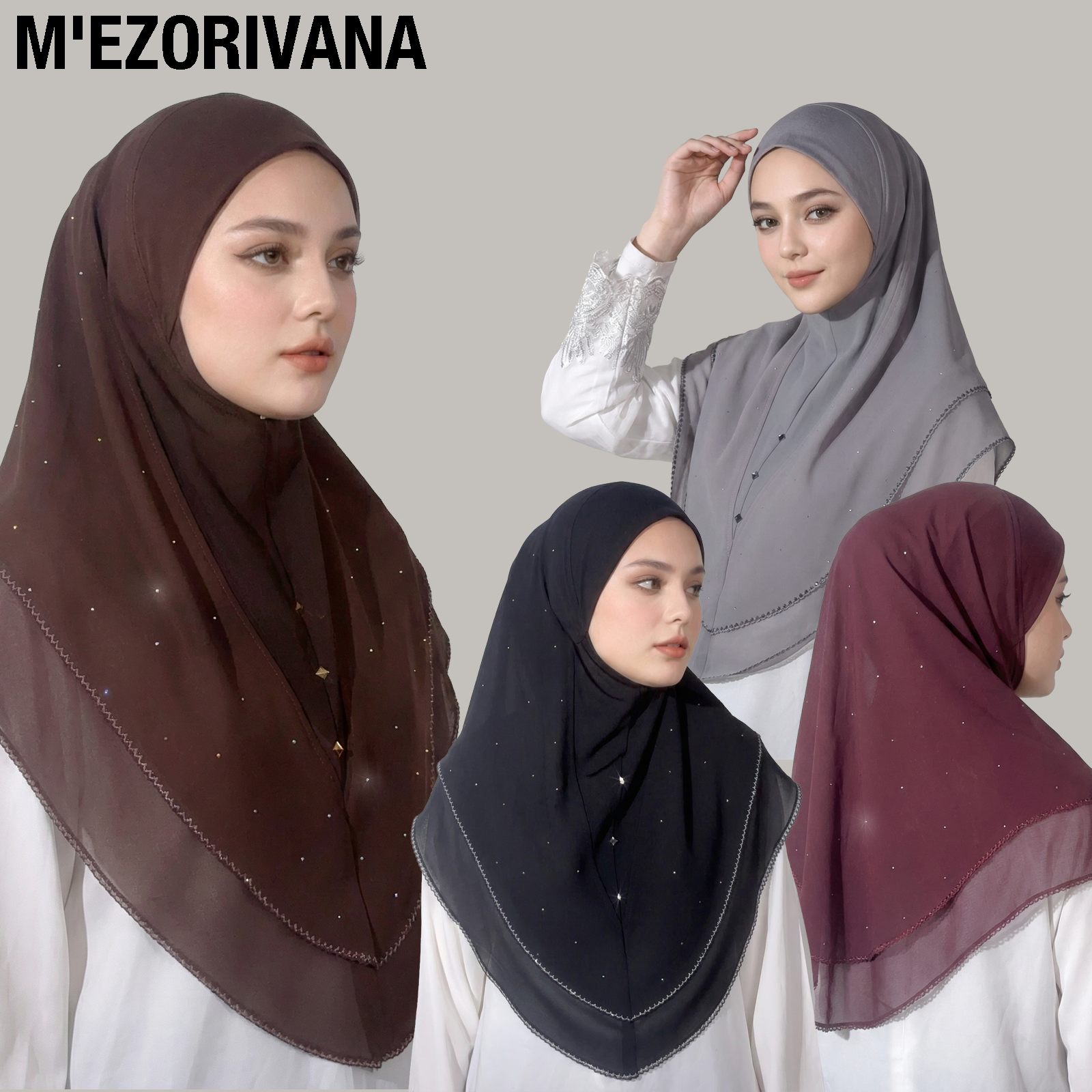 1 Hijab instantané pour femme musulmane, design à double couche en mousseline de soie avec motif étoilé orné de diamants, élégant, décontracté, tendance et magnifique, pratique à porter, adapté pour les occasions telles que le Ramadan et les cadeaux de l'Aïd.