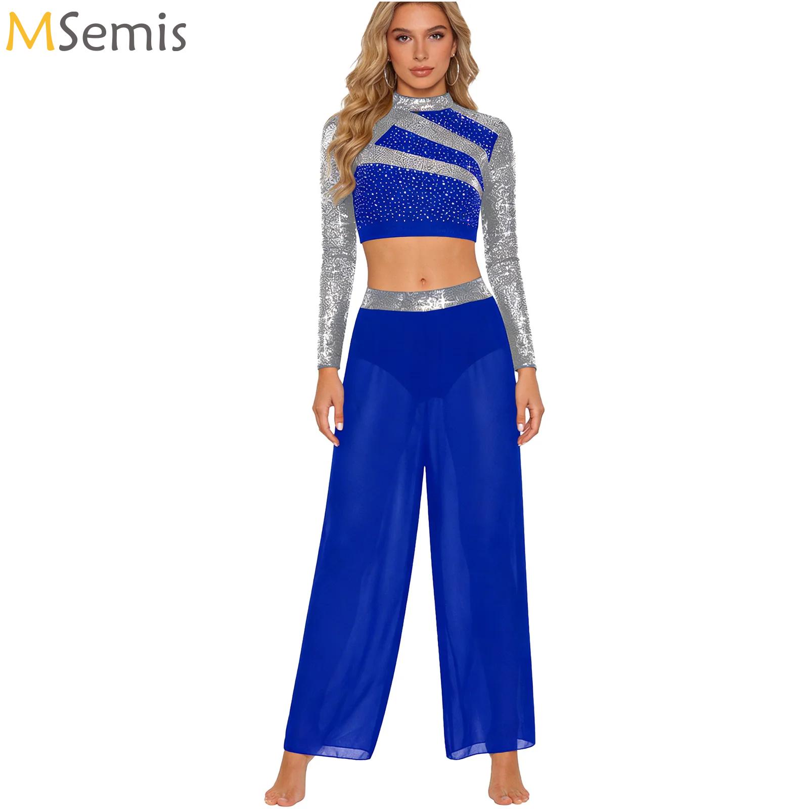 Tenue de danse lyrique deux pièces pour femmes, manches longues, dos découpé, paillettes, strass, haut court avec fente latérale, pantalon en mousseline de soie transparente