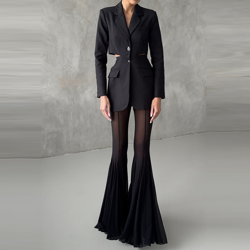 Pantalon droit Slim taille haute pour femmes, élégant, Sexy, transparent, évasé en maille, couleur unie, Long, pour les déplacements, été
