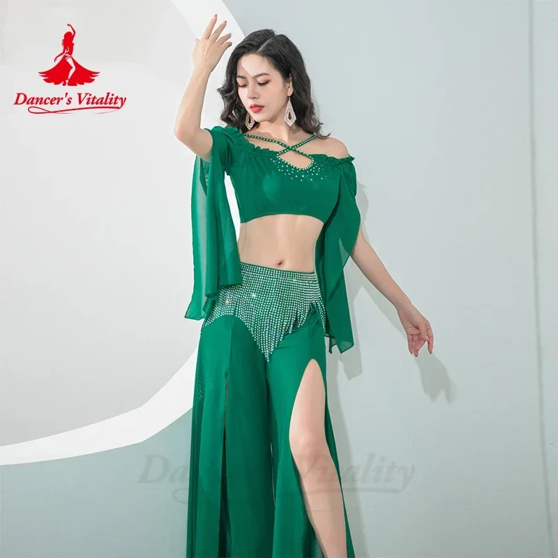 Costume de danse du ventre pour femmes, haut à manches longues + pantalon à pampilles avec pierres AB, vêtements de pratique orientale, tenue de danse du ventre pour adultes