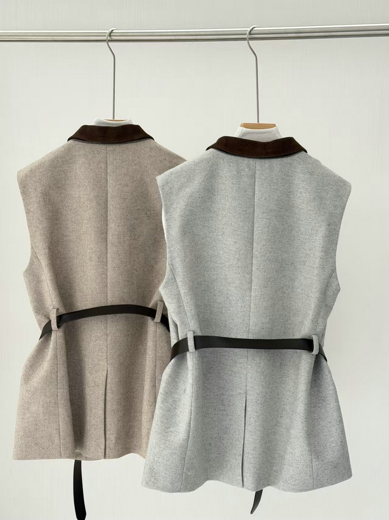 Gilet en mélange de laine pour femme, style navetteur, veste gilet tendance à col en V avec ceinture ajustable à la taille