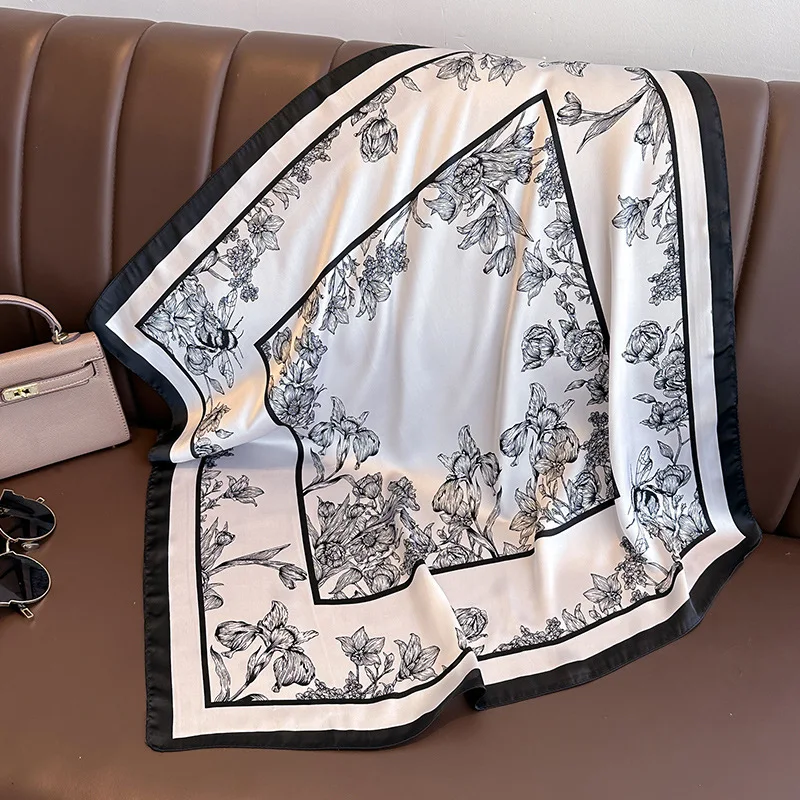 Foulard Carré à Imprimé Floral de Luxe pour Femme, 70x70cm, Bandeau de Cheveux, Ruban de Tête, Hijab, Bandeau de Sauna, Satin Doux