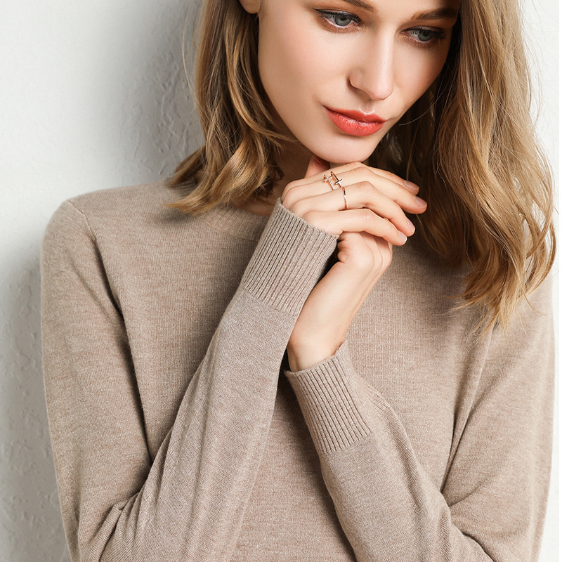 Pull Slim à col rond pour femme, couleur unie, mélange de laine et cachemire, chemise à manches longues en tricot, grande taille, automne et hiver