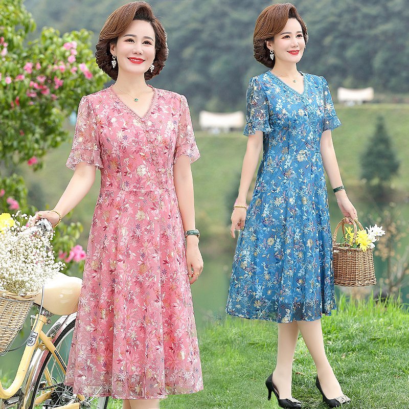 Robe imprimée plissée à manches courtes pour femmes d'âge moyen, robe vintage décontractée pour dames, col en V, robe éducative, été
