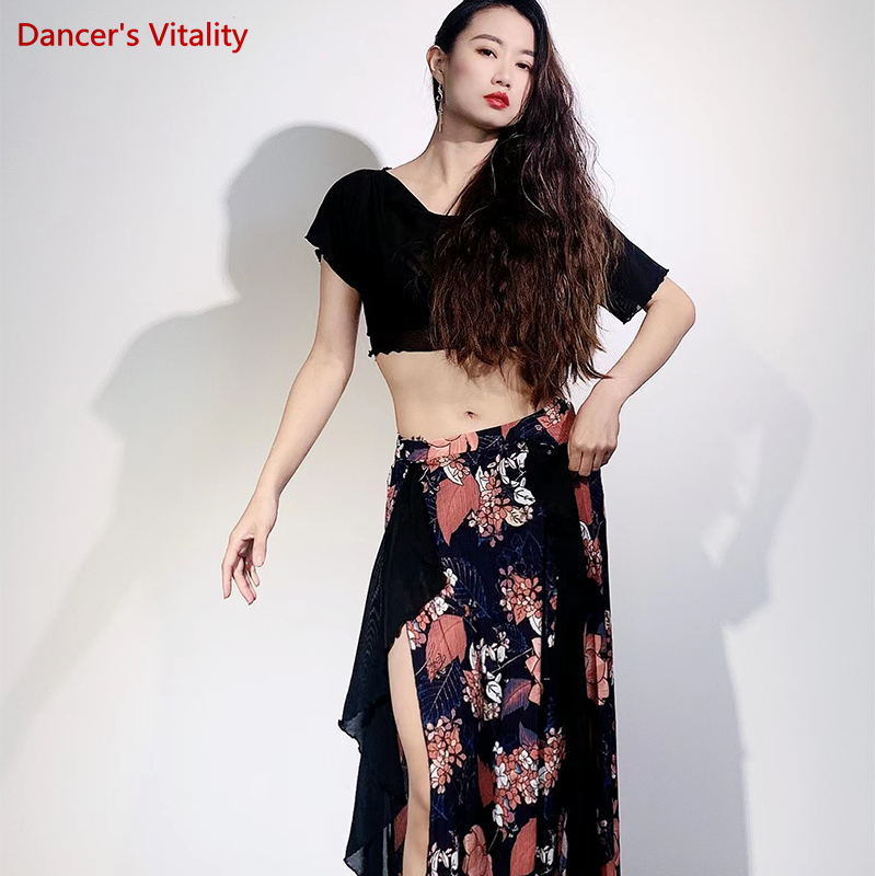Vêtements d'entraînement de danse du ventre pour femmes, costume de danse du ventre en maille, haut à manches courtes + jupe longue imprimée, tenue de danse orientale féminine