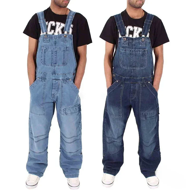 Salopette en jean pour homme, décontractée, style 2025, avec bretelles, multi-poches, coupe ample oversize, taille mi-haute, couleur unie, délavée
