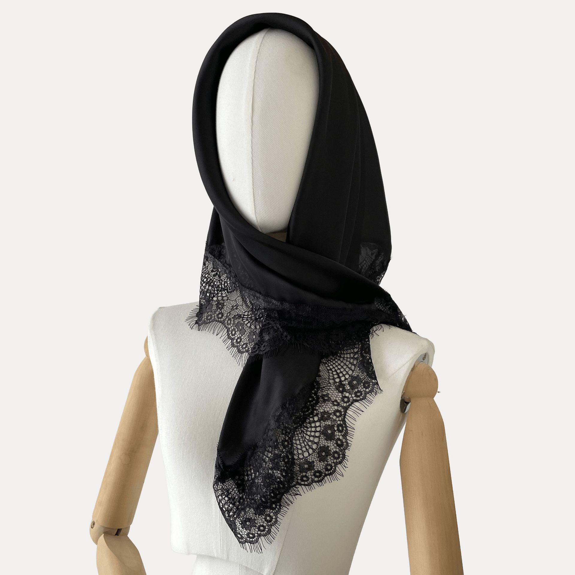 Foulard carré 70x70cm pour femme, avec dentelle, hijab, nœud papillon, élégant, en soie, bandana, voile musulman modeste, foulard quotidien pour cheveux