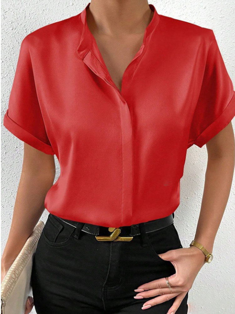 Femmes ruban de soie Satin Blouse hauts été dame à manches courtes bouton col montant Blouse chemises DFFZ-A0033