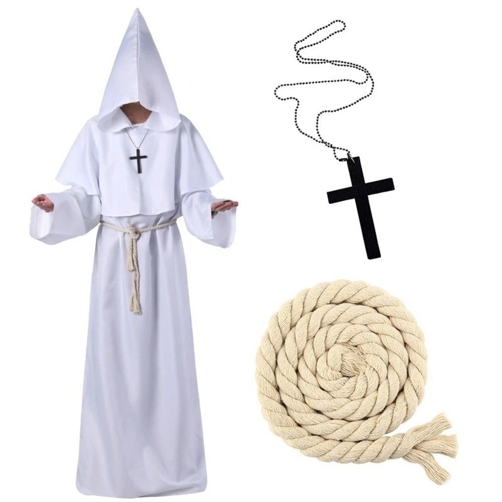 Robe de moine médiévale à capuche, ornée d'une croix rétro, cape à capuche, costume de sorcier/prêtre avec cordon de taille, costume de cosplay d'Halloween