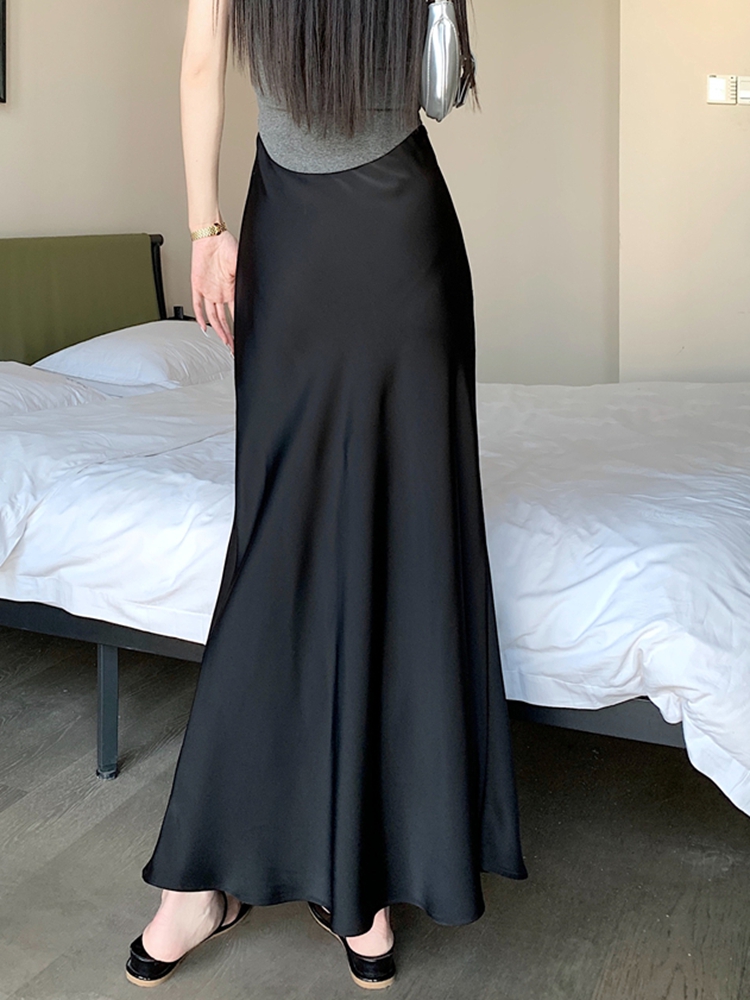 Jupes longues en Satin élégantes pour femmes, vêtements de mode coréenne, taille haute élastique, jupe noire, Streetwear d'été, jupe Midi trapèze, 2025