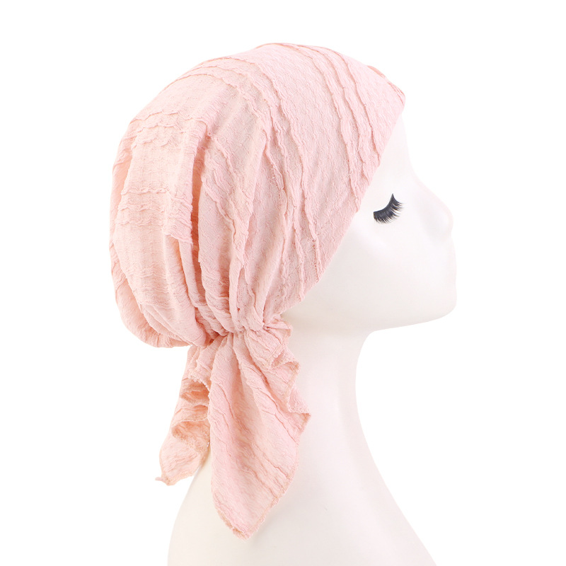 Nouveaux turbans en coton froissé de couleur unie pour femmes, chapeaux hijab musulmans élastiques, foulards à longue queue, bonnets chimio, bandanas pour le cancer
