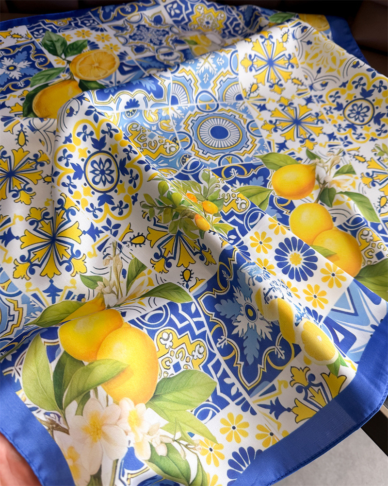 Foulard carré en soie imprimé citron pour femme, luxe, doux, en satin, fin, foulard de cou, mode, protection solaire, foulard de tête, ruban pour sac