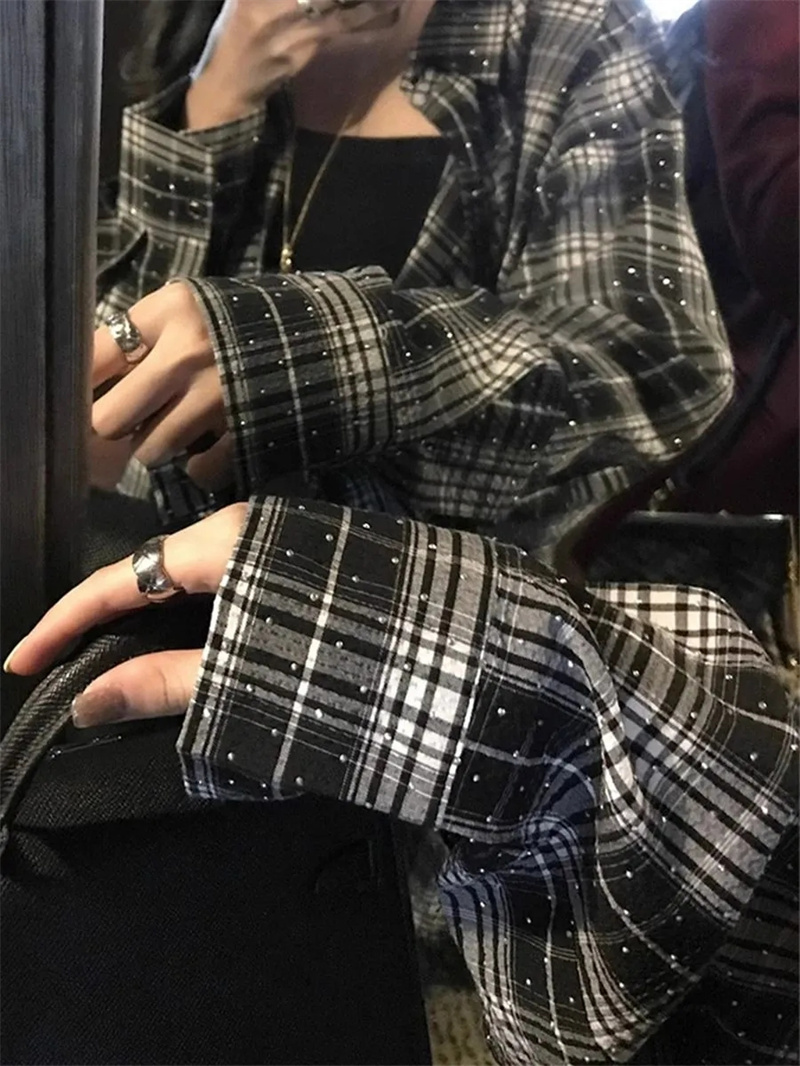 Femme Blouses femme vêtements automne nouveaux strass brillant Plaid simple boutonnage chemise femmes décontracté ample vent chemise marée manteau
