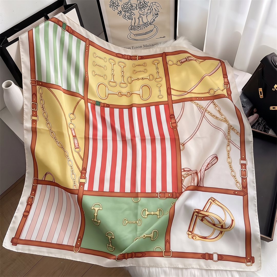 Foulard imprimé chaîne pour femme, 90 cm, en satin de soie, écharpe de tête, foulard carré, bandana pour femme