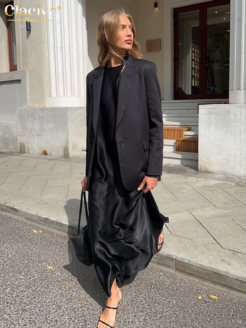 ClacMarkets-Robe en Satin Noir pour Femme, Tenue Décontractée, Col Rond, Manches sulf, Longueur Rinçage, Élégante, Classique, Couleur Unie, Mode 2023