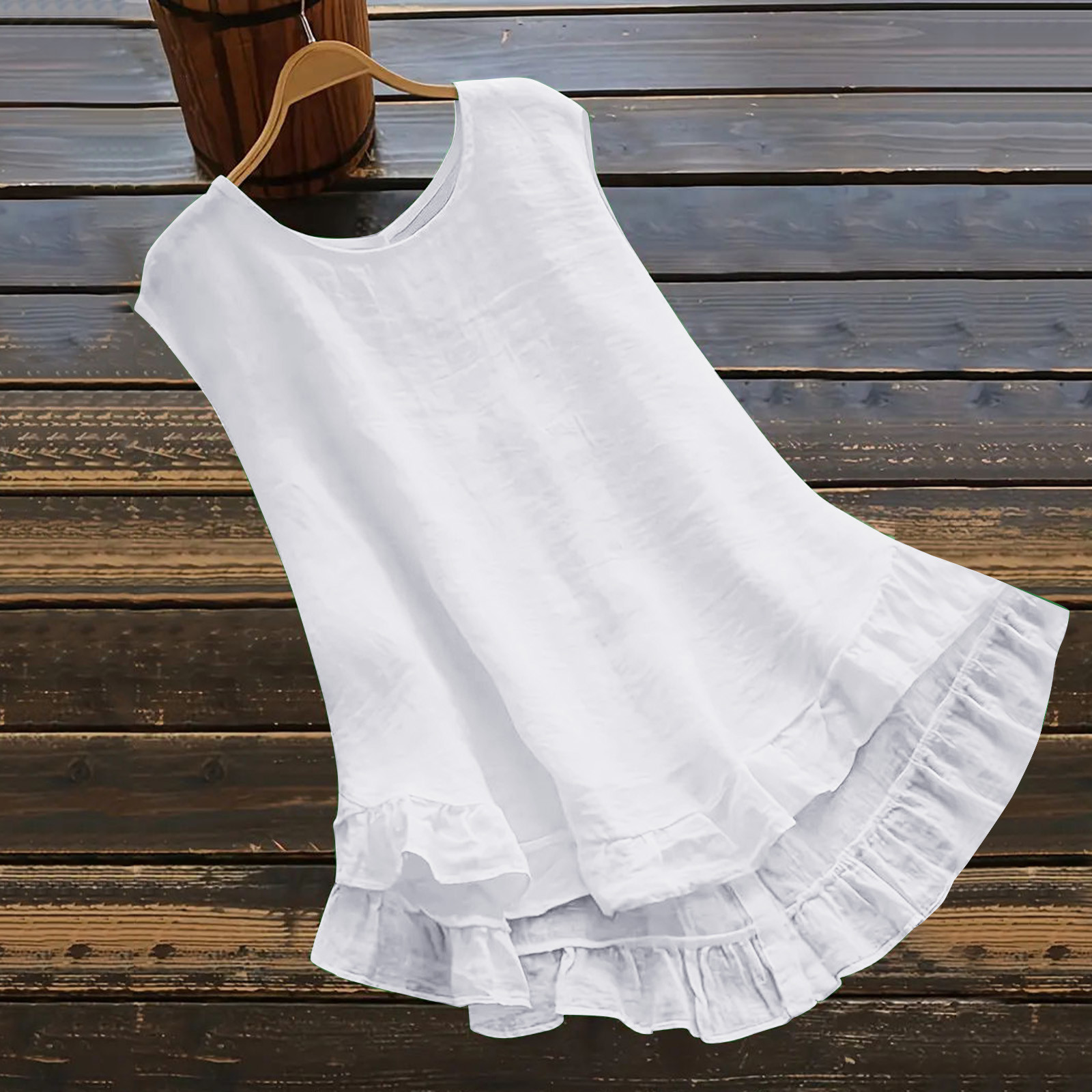 Femmes coton lin débardeur solide col rond sans manches dos Blouse élégant col rond à volants garniture haut Blusas Elegante Feminina