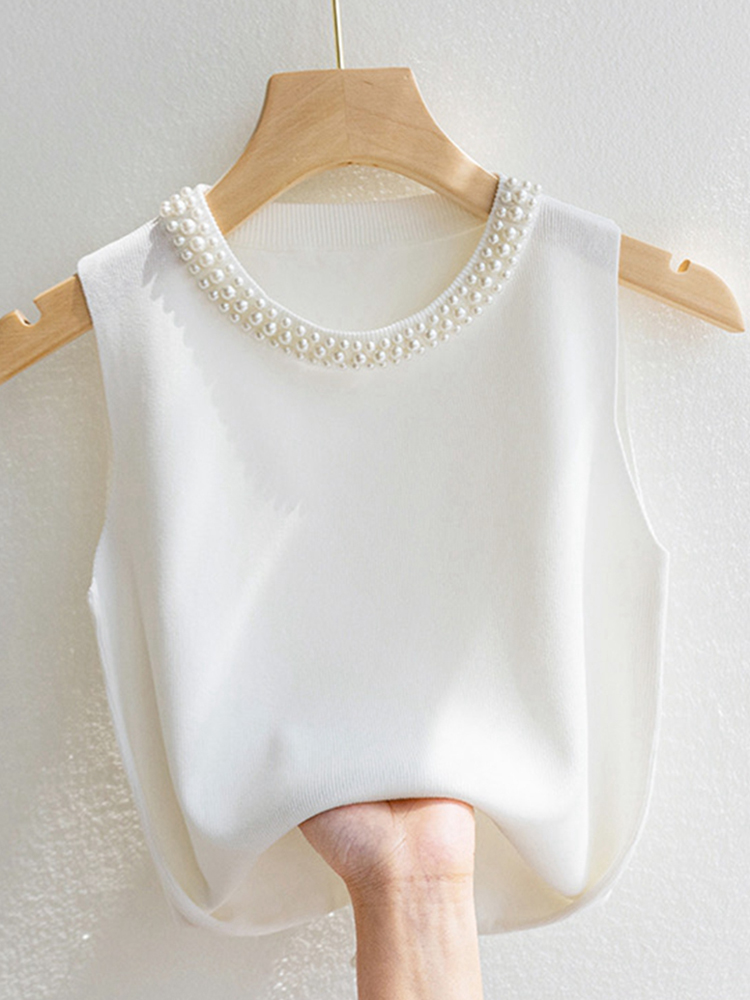 Corée tricoté gilets femmes haut solide réservoir Blusas Mujer De Moda été nouvelle mode femme sans manches perles décontracté mince hauts