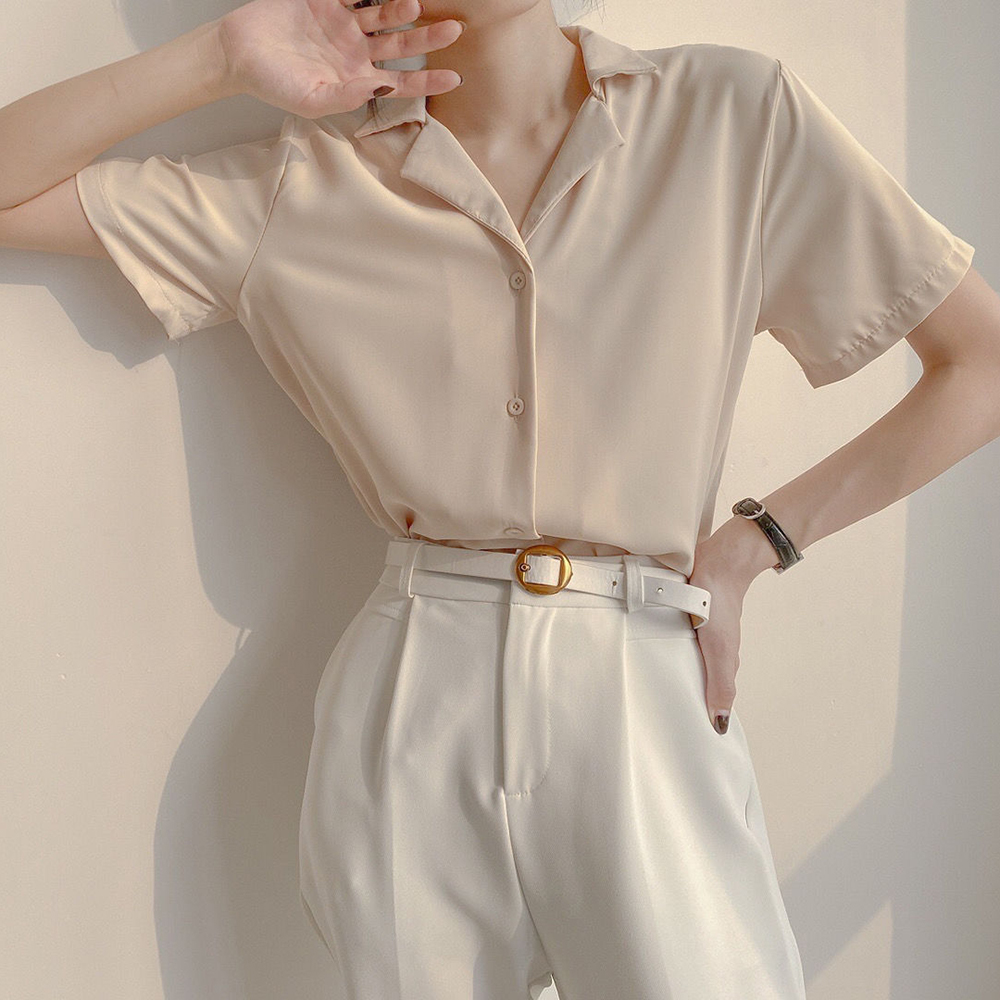 Chemisier en mousseline de soie pour femme, chemise élégante, manches courtes, col en V, décontracté, solide, coréen, chic, simple, tunique, été