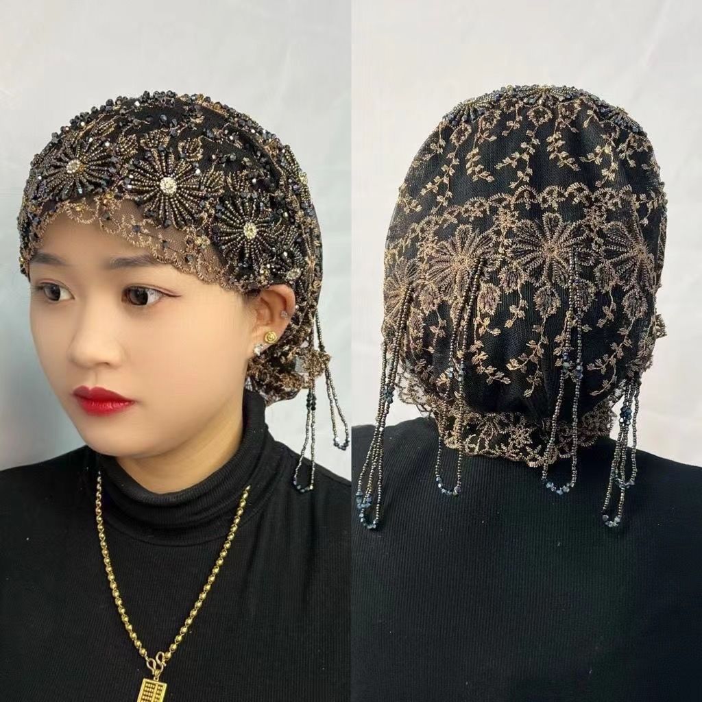 Hijabs musulmans de luxe pour femmes, tissu en maille, chapeau noir avec perles et diamants brodés, chapeaux châle assortis, magnifiques casquettes africaines