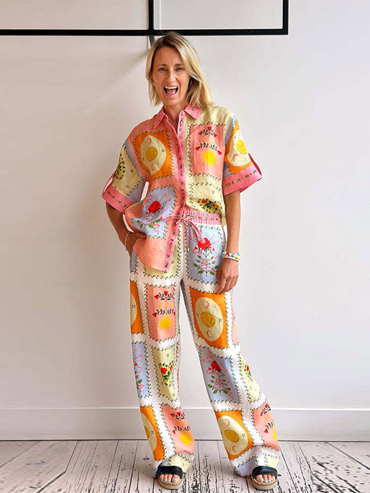 Mode col rabattu imprimé haut pantalon costume femmes à manches courtes simple boutonnage haut à lacets pantalon ensemble dame été Chic ensembles