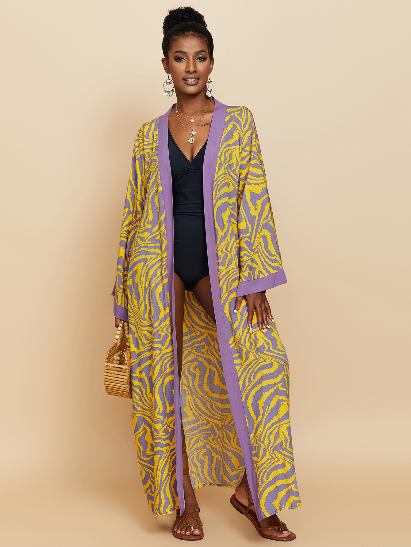 Femmes longue plage Kimono courbe ourlet ample ouvert devant cravate colorant maillot de bain couvrir