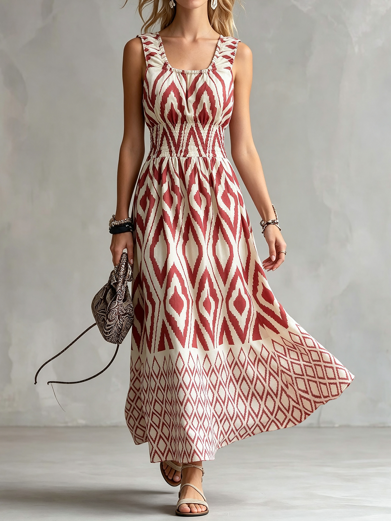 Robe midi décontractée pour femme, style vintage ethnique, motif Ikat, sans manches, col carré, buste smocké, à volants