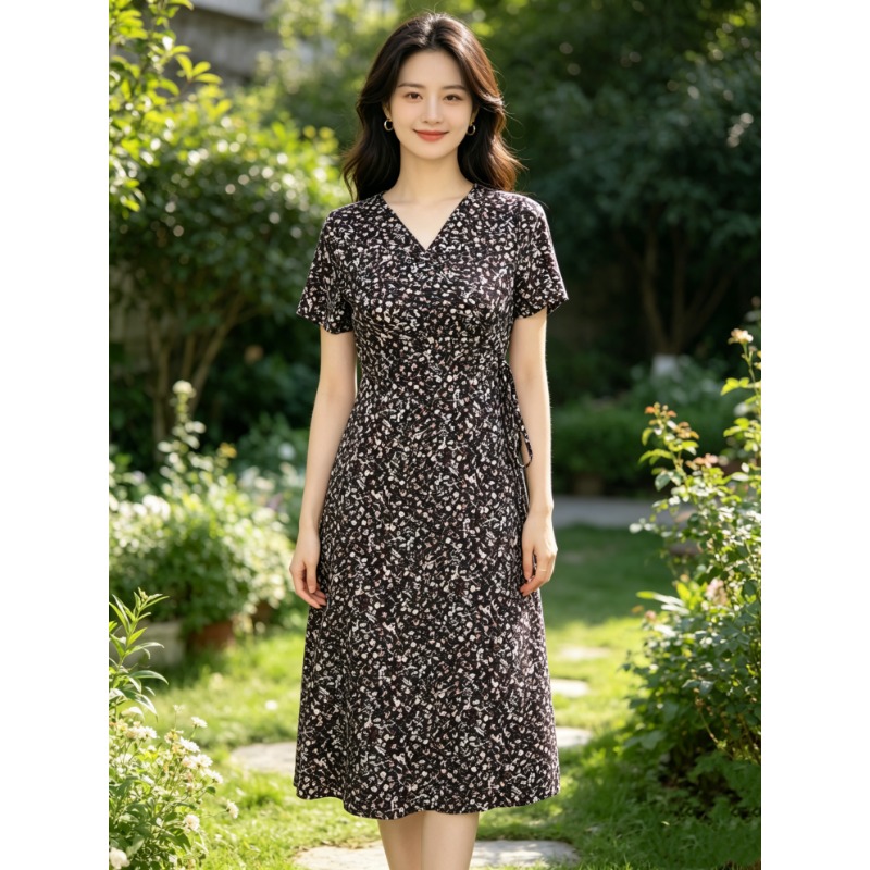 Robe portefeuille florale pour femme, col en V, manches courtes, taille haute, avec liens latéraux, coupe ajustée, longueur midi, décontractée, pour le bureau, l'été ou les soirées