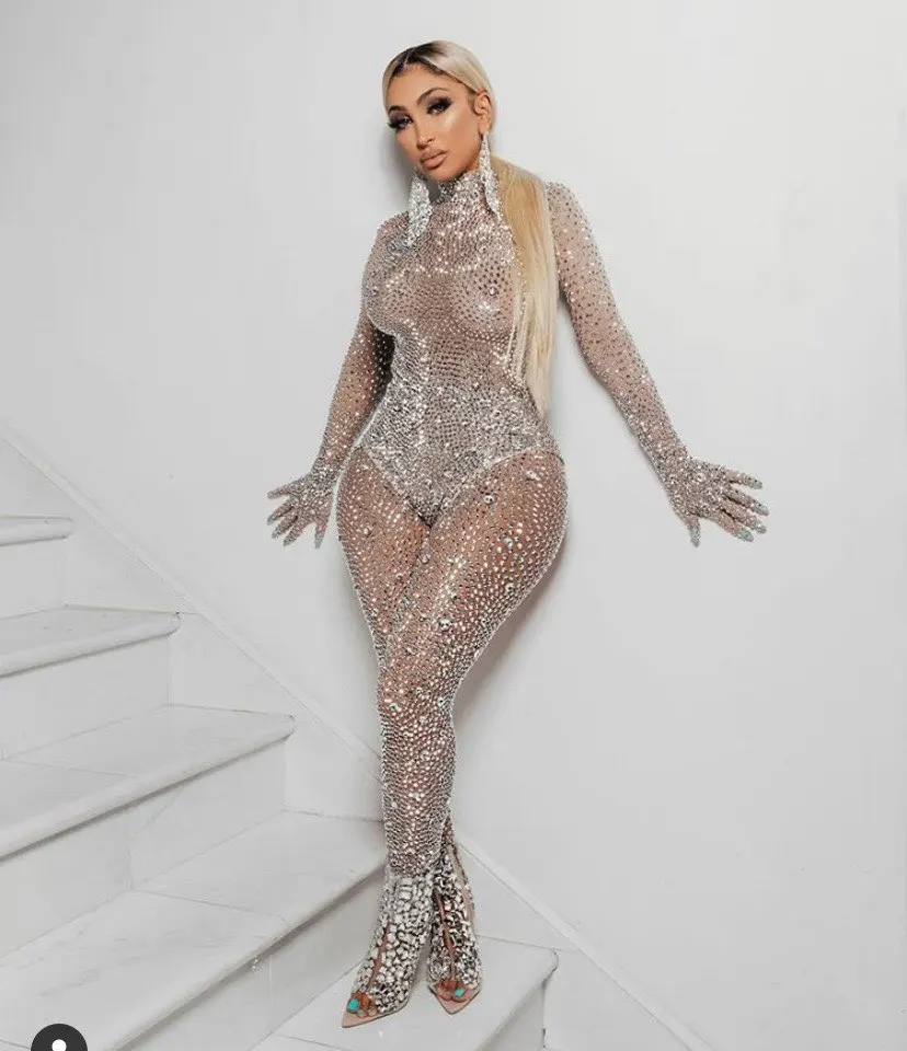 Justaucorps luxueux à strass pour femmes, tenue de soirée, de bal, d'anniversaire, Costume de danse en maille Sexy, body en cristal, vêtements de scène