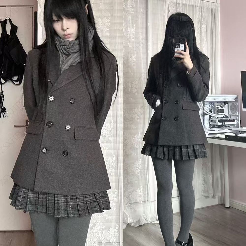 Mode femme décontracté petit costume col rabattable Double boutonnage boutons laine vestes hiver femme haute rue Chic Streetwear