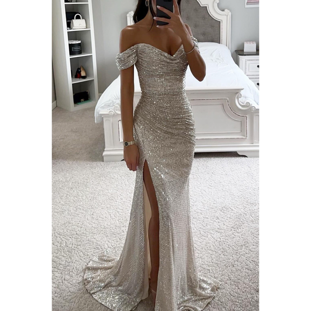 Robe de bal fendue Sexy pour femmes, robe à paillettes, mode élégante, épaules dénudées, Maxi, 2026