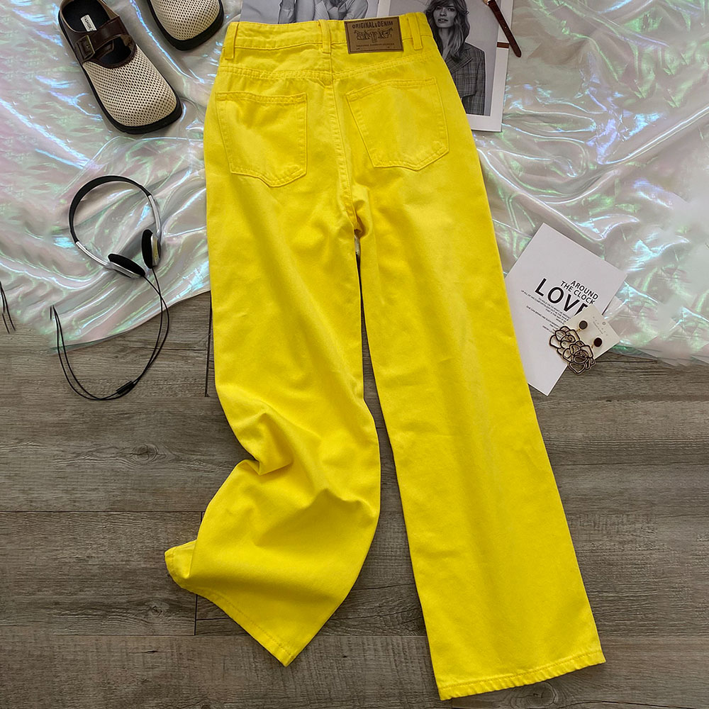 Jean jaune citron pour femme, pantalon droit, ample, taille haute, complet, tendance, jambes larges, nouvelle collection automne 2025