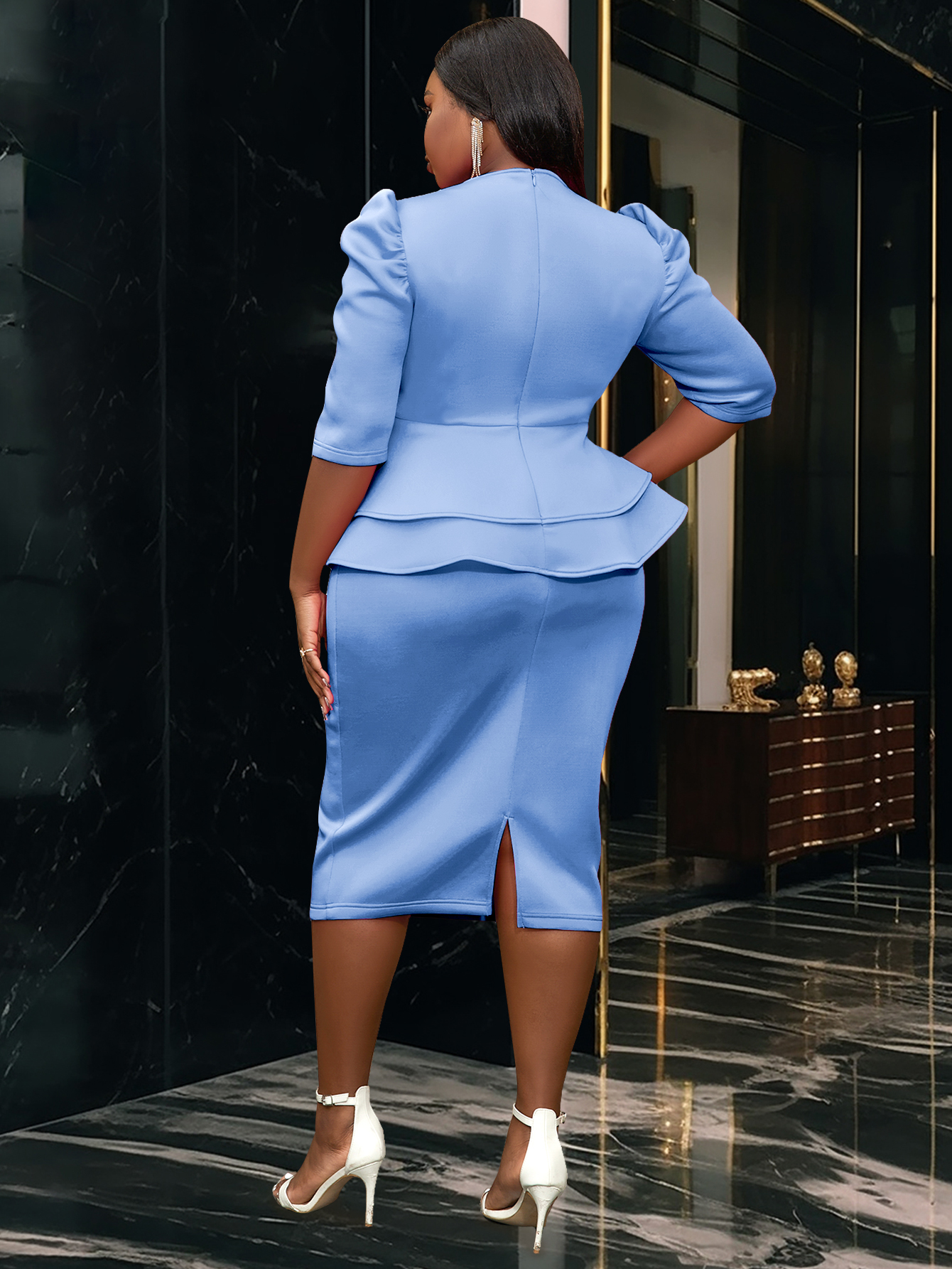 Robe d'église élégante pour femmes, à volants, péplum, taille, couverture du ventre, grande taille, col en V, gaine, occasions formelles, événement de Cocktail, invité de mariage