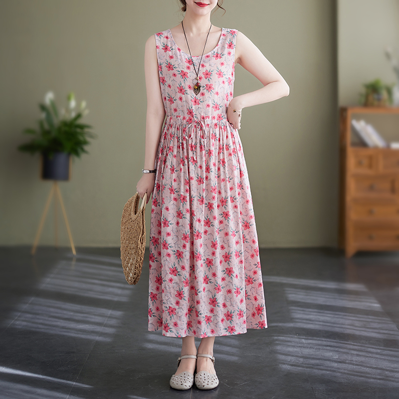 Robes De Mujer robe d'été pour femmes imprimé fleuri coton lin rétro nouveau pull sans manches a-ligne longue robe Maxi ample