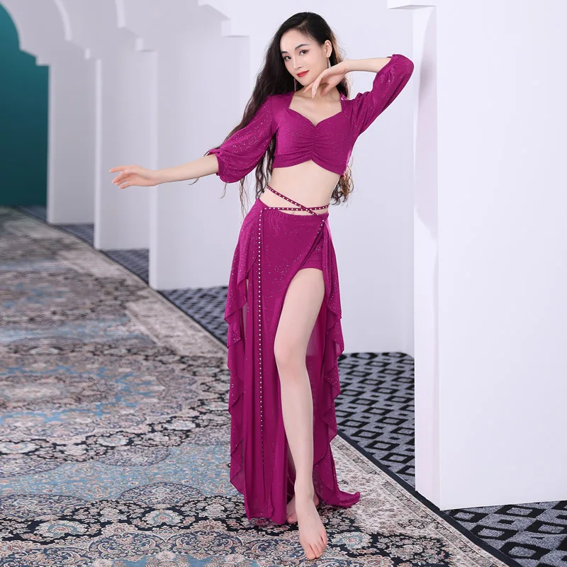 Haut en maille à manches courtes imbibé de danse du ventre pour femmes, jupe fendue, ensemble de vêtements d'entraînement, vêtements de performance élégants, été
