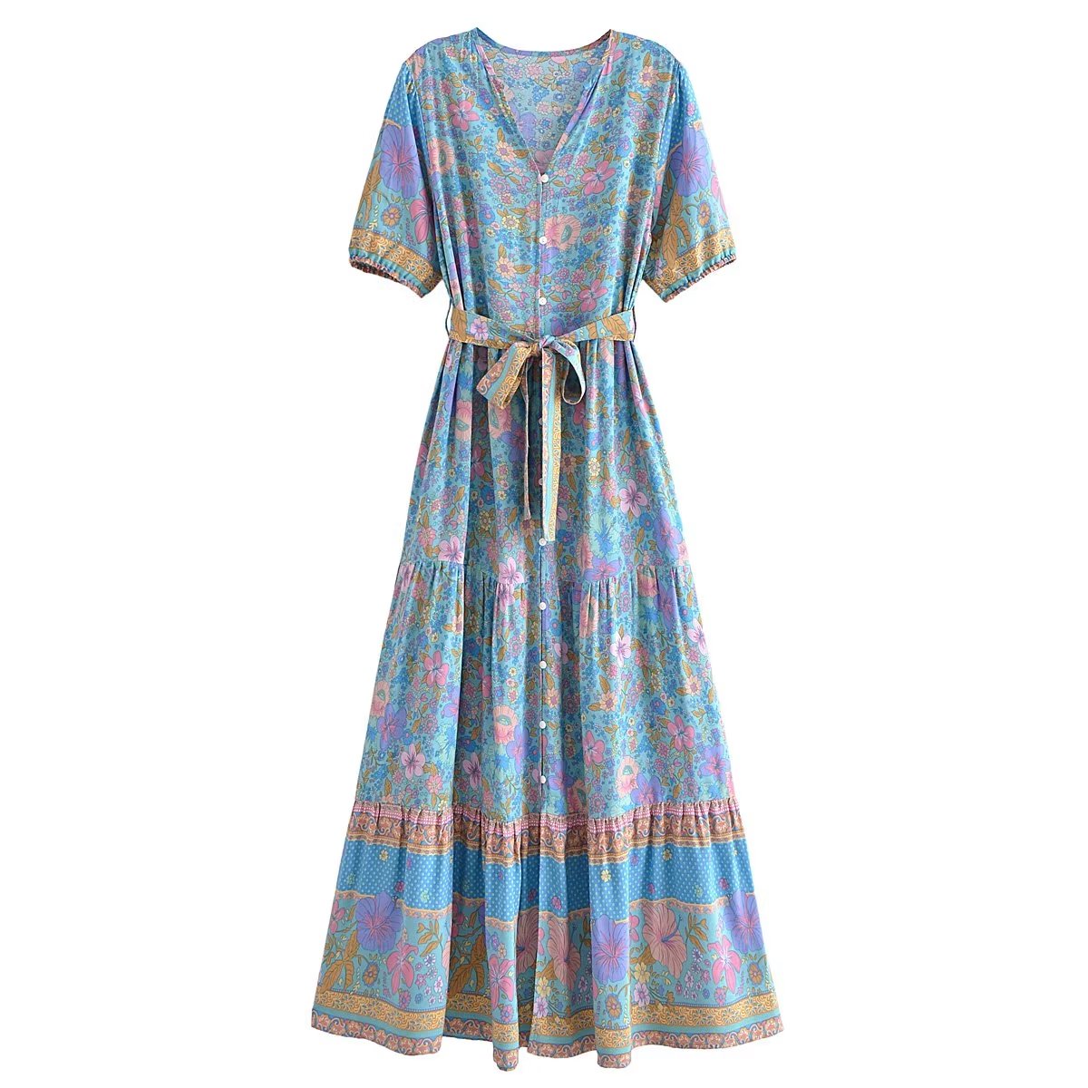 Robe longue à lacets pour femmes, style Boho, imprimé Floral, boutons, style bohème, manches courtes, été