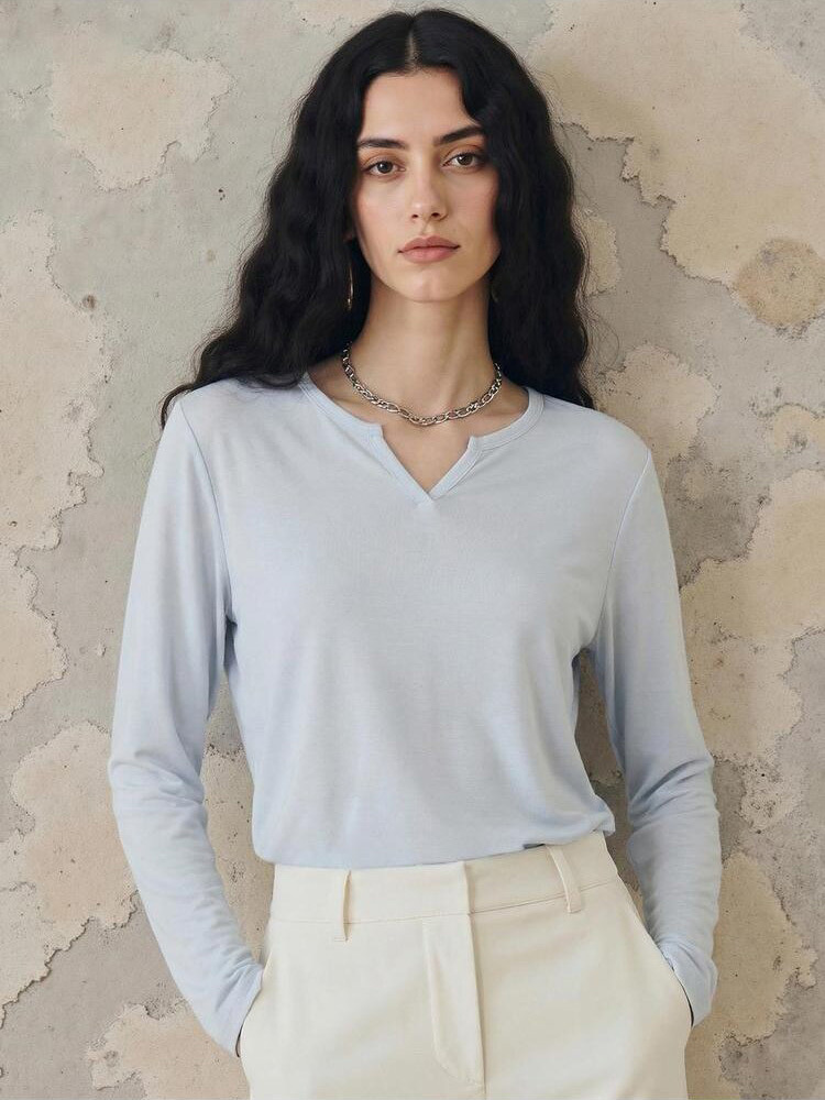 T-shirt 6% soie pour femmes, col en v, manches longues, doux, basique, confortable, couleur unie, printemps