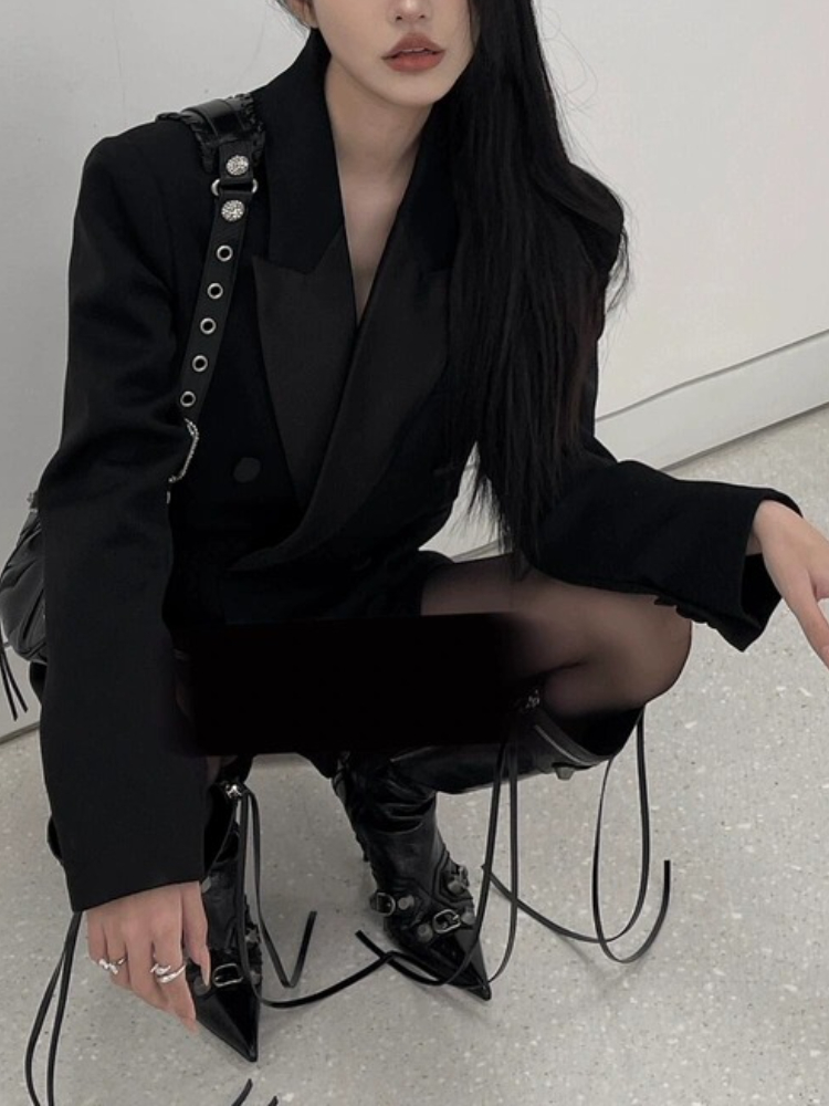 Mode coréenne élégant coupe ajustée Blazer manteau femmes col en v à manches longues Double boutonnage décontracté noir manteau bureau Style Blazers
