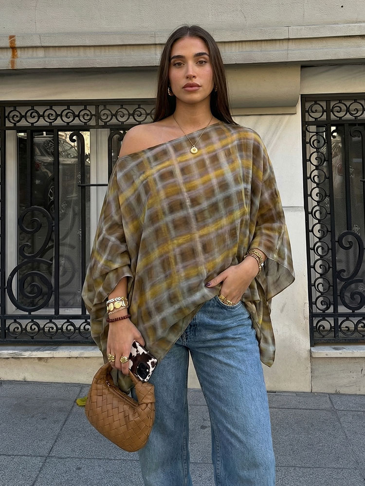 HH femmes décontracté ample mince cape manteaux chemise Plaid asymétrique Blouse avec écharpe 2026 tendance vacances d'été dame Chic hauts