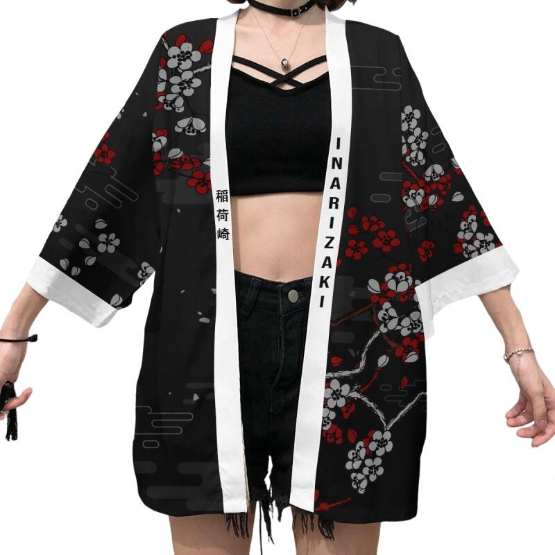 Kimono japonais imprimé renard Inari pour hommes et femmes, Costume traditionnel asiatique d'été Yukata Haori, Cardigan à fleurs rouge, Costumes de Cosplay