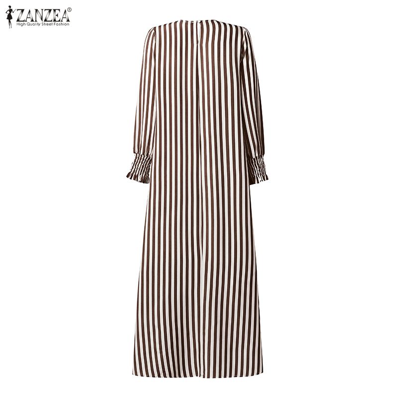 ZANZEA Robes Musulmanes Tendance Ramadan Abaya Élégante Femme Col Rond Manches Longues Rayée Robe Décontractée Kaftan Dubaï Robe Femme