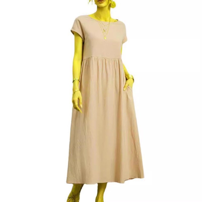 Robes pour femmes en coton et lin, mi-longues, décontractées, à manches courtes, coupe ample, style A-line, avec poches, couleur unie, robe longue oversize