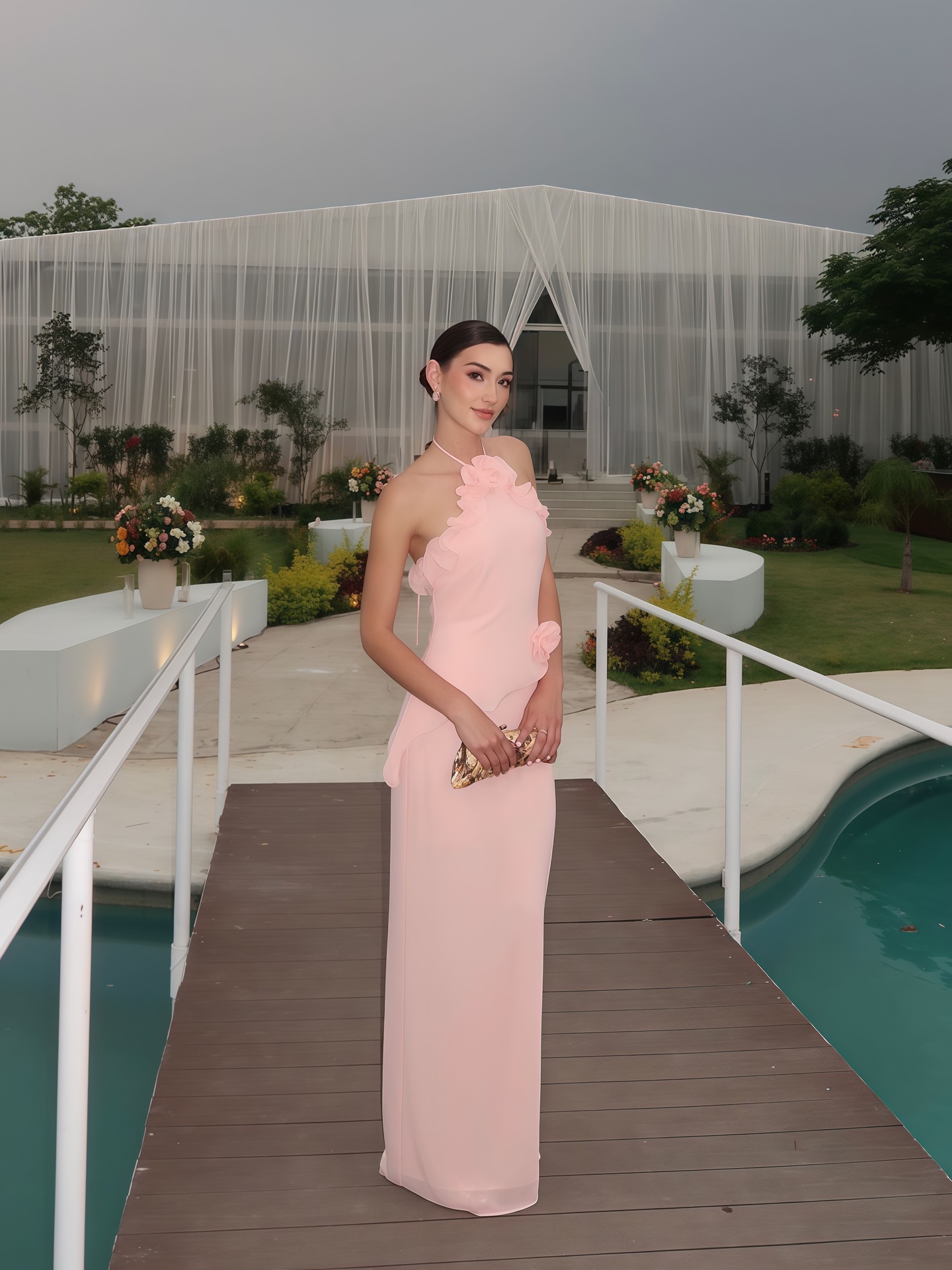 Robe longue florale élégante pour femme, robe maxi rose à volants et dos nu, robe de soirée, invitée de mariage, robe de bal 2026, robe de demoiselle d'honneur, nouvelle collection