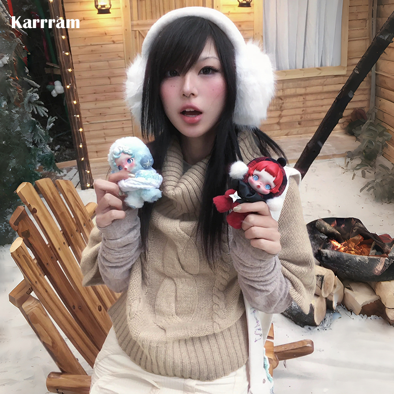 Karrram japonais Y2k kaki Cape pull Vintage Harajuku tricot pull ample Style coréen col roulé tricots 2000s esthétique