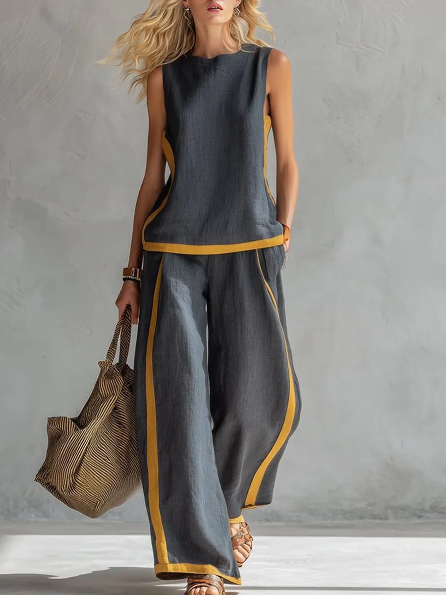 Ensemble deux pièces sans manches pour femme, pantalon large contrastant, col rond ample, poches, tenue de sport assortie pour le streetwear