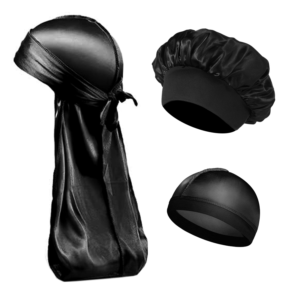 Bonnet en Satin soyeux de haute qualité, 3 pièces, unisexe, bandeau élastique, Bandanas Durags, longue queue, Bonnet de douche pour sommeil, Turban