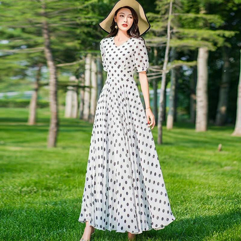 Robe longue en mousseline de soie à pois rouges pour femmes, nouvelle collection été, style bohème, pour les vacances à la plage, robe élégante pour femmes